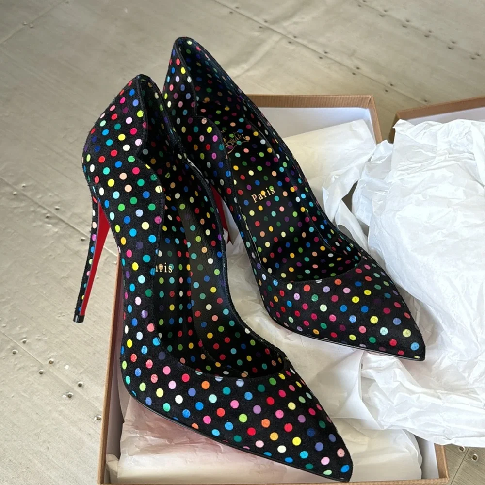 Christian Louboutin hot chick 100mm black suede stiletto boum polka dot pump 39